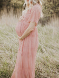 Muttermode Umstandskleider Rosa Gestickt Spitze Romantisch Boho Kleid Fotoshooting Maxi Kleider