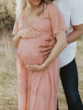 Muttermode Umstandskleider Rosa Gestickt Spitze Romantisch Boho Kleid Fotoshooting Maxi Kleider